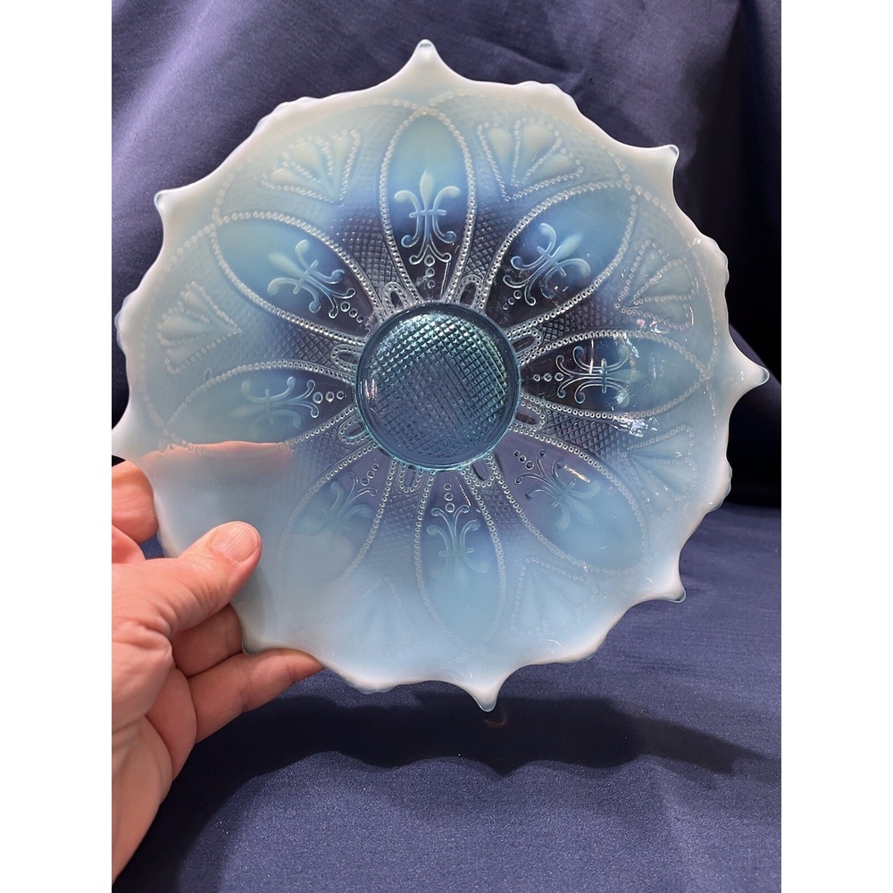 Vintage Blue Opalescent Glass Candy Serving Dish Fleur-de-lis Design - Picture 4 of 10
